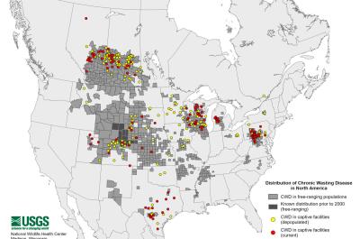 Map showing distribution of chronic wasting disease in North America