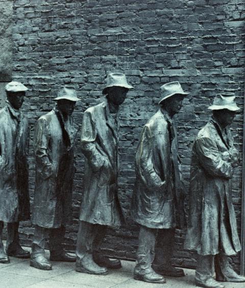 Sculpture of men in line for free bread in room two of the FDR Memorial. Room two is supposed to represent FDR's term during the Great Depression.