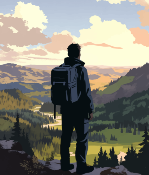 Illustration of backpacker looking over landscape
