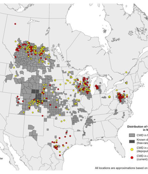 Map showing distribution of chronic wasting disease in North America