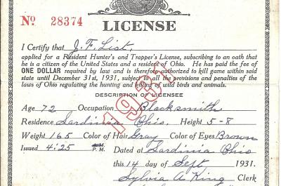 Joseph List's hunting and trapping license