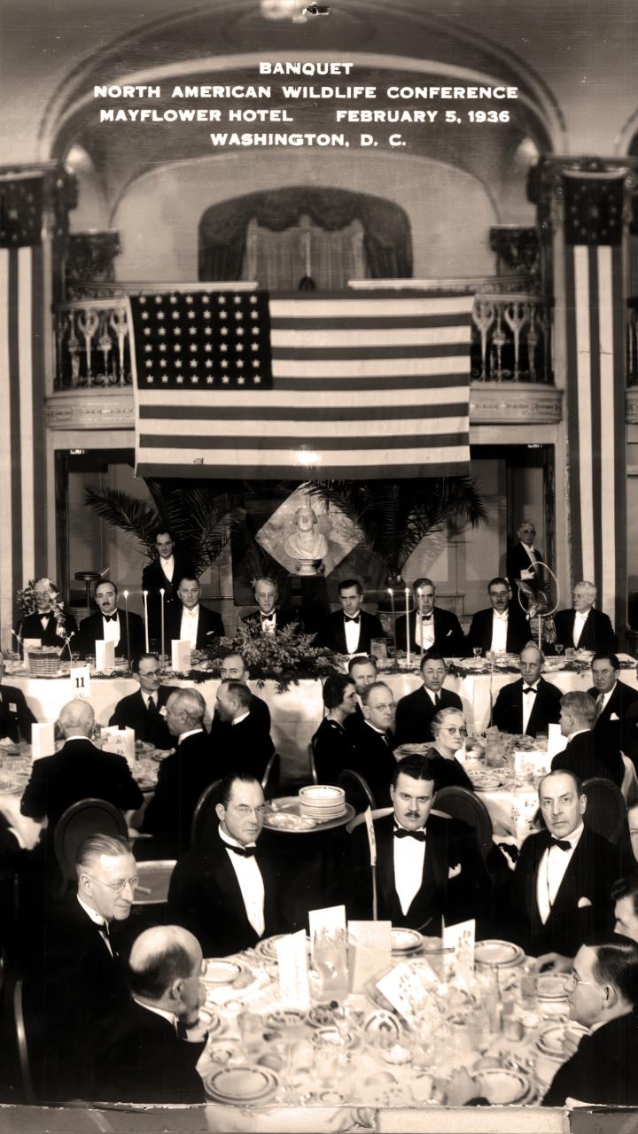 1936 black and white photo of North American Wildlife Conference banquet attendees