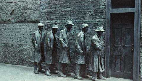 Sculpture of men in line for free bread in room two of the FDR Memorial. Room two is supposed to represent FDR's term during the Great Depression.