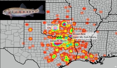 Kernel density map of anglers who fished at the lower Mountain Fork River (LMFR) trout fishery in southeast Oklahoma