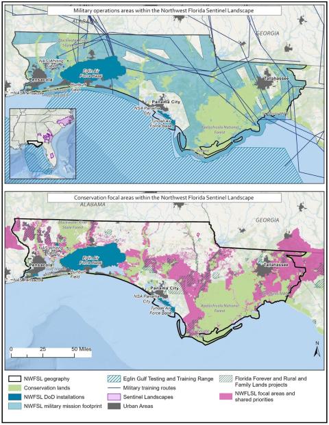 Map of the military operations areas and conservation focal areas within the recently designated Northwest Florida Sentinel Landscape. 