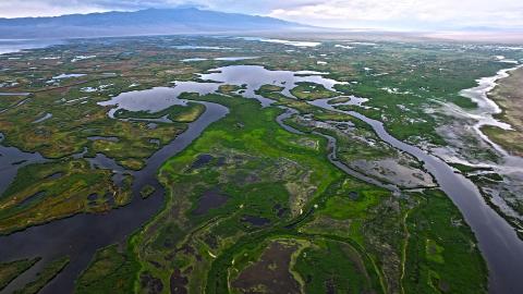 Aerial view of Paradise Wetlands on the edge of Black water Lake near the Khovd Aimag center in Western Mongolia.