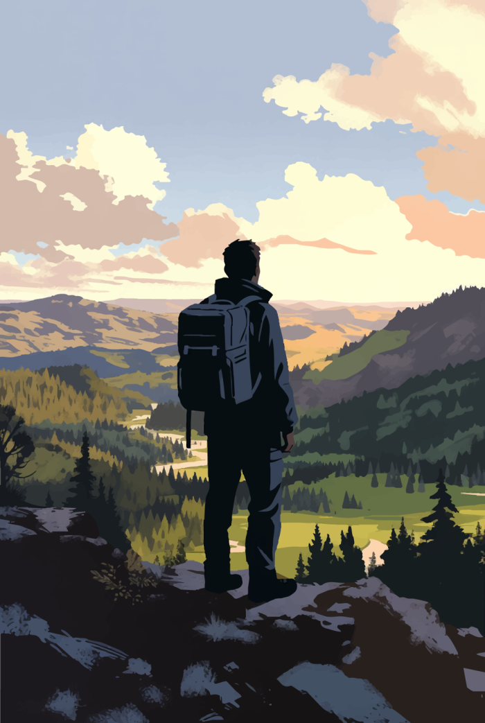 Backpacker gazing over expansive landscape
