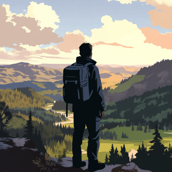Backpacker gazing over expansive landscape
