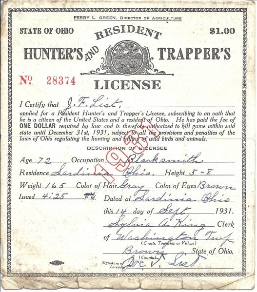 Joseph List's hunting and trapping license